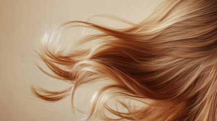 Close-up of lively, voluminous hair captured mid-motion against a neutral beige background, highlighting natural shine and vitality.