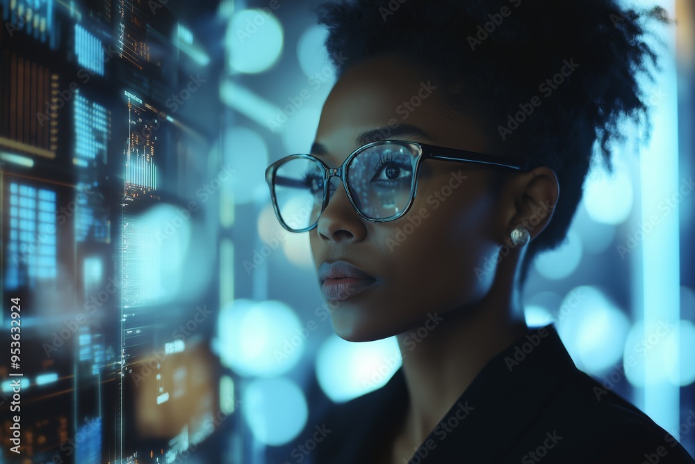 Poster An experienced businesswoman is analyzing complex data in a fastpaced tech environment, using advanced analytics to ensure effective strategic decisionmaking that drives success
