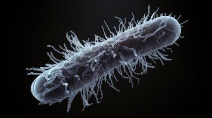 A highly detailed scanning electron microscope (SEM) image of a E. coli bacterium, showcasing its rod-shaped structure and flagella.