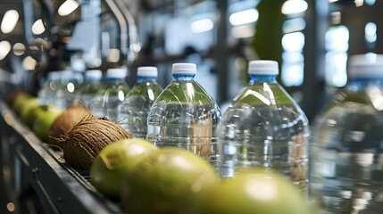 Plastic Bottles and Tropical Fruits Arrangement on Blurred Background