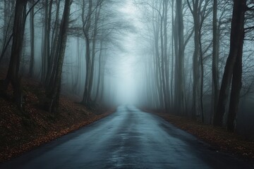 Fototapeta premium A misty road surrounded by trees, creating an eerie, tranquil atmosphere.