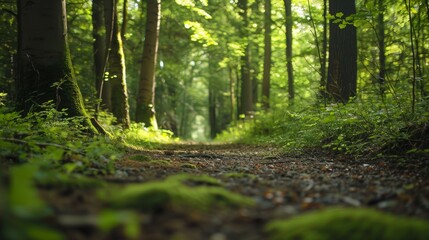 Obraz premium A forest path with the camera positioned at ground level, capturing the intricate details of the forest floor
