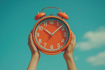 Hands Holding Vintage Red Alarm Clock Against Clear Blue Sky