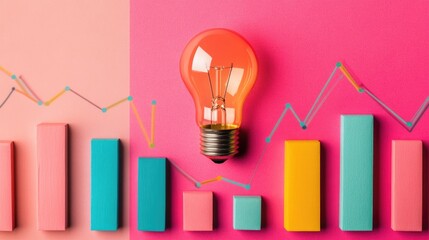 A light bulb symbolizing innovation, surrounded by colorful bar graphs and upward trend lines on a solid background, highlighting growth and new ideas.