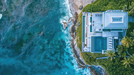 Luxurious villa overlooking turquoise ocean waves from above
