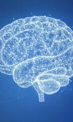 A stylized, digital representation of a human brain, rendered as a network of interconnected lines and dots against a blue background.