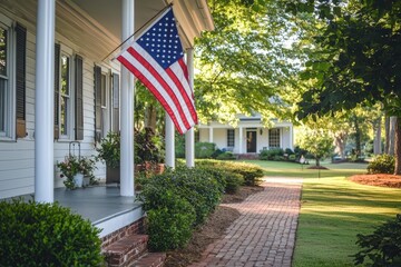 Charming Suburban House with American Flag in Summer Sunlight