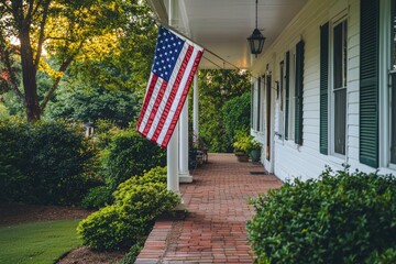 American Flag on Porch of Charming White House with Brick Pathway