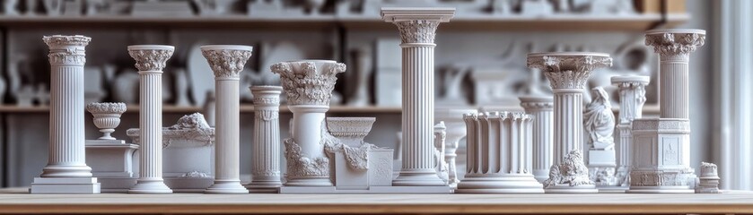 Obraz premium 3D printed architectural column models, for educational purposes, showcasing different styles, 3D illustration