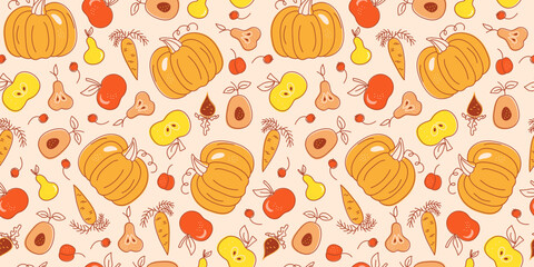 Pattern, set of autumn fruits and vegetables, harvest, natural background. Line icons, sketch, doodle. Thanksgiving, harvest festival. Pumpkin, apple, pear, carrot. 