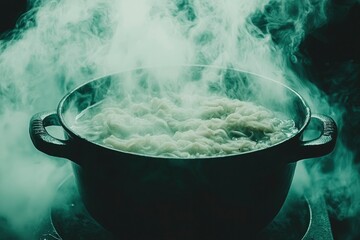 Steaming Pot of Noodles in a Dark Kitchen