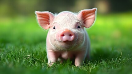 Fototapeta premium Adorable Baby Pig in Grassy Field Looking Curious and Playful