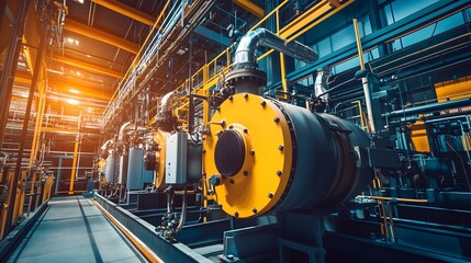 A large industrial pipe with a black metal cap on top. The image is of a factory or industrial setting