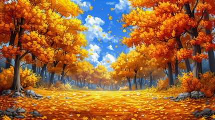 Vibrant Autumn Forest with Golden Leaves and Blue Sky..
