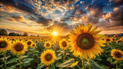 Obraz premium A Golden Sunset Sky Casts A Warm Glow On A Field Of Blooming Sunflowers, Creating A Serene And Vibrant Scene.