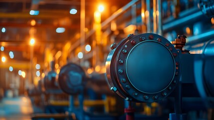 Fototapeta premium A large industrial pipe with a black metal cap on top. The image is of a factory or industrial setting