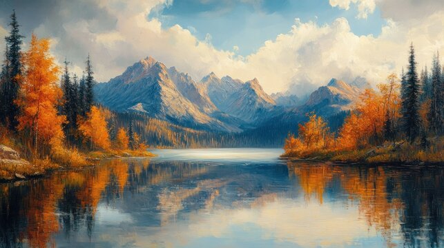 oil paiting lake and forest landscape art with andillustration, nature, travel, no people, abstract, sun, sky, sunset and moon light over the mountain