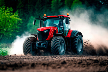 Powerful red tractor plowing fertile soil on farmland