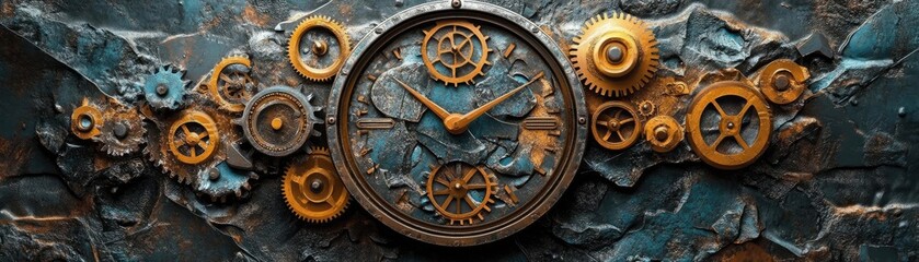 Fototapeta premium Decorative wall clock, with interlocking gears and abstract design elements, 3D illustration