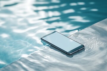 Smartphone by the Pool: Tech Relaxation Concept with Blank Screen Against Tranquil Water Ripples - Product Photography Style