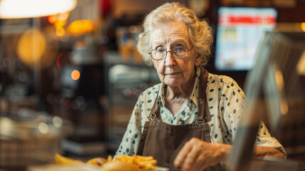 Obraz premium Elderly woman working in a cafe, wearing glasses and an apron. She stands behind the counter with a determined expression, surrounded by warm lighting and cafe equipment