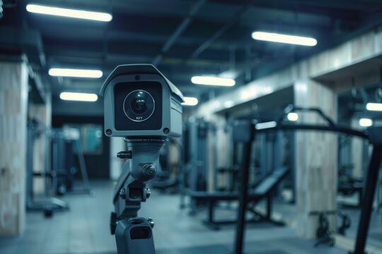 A close-up of a security camera in the corner of a gym, looking at all cameras and their footage