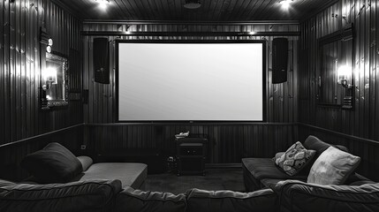 Classic black and white film scene with wooden frame in home theater. Nostalgic and cinematic