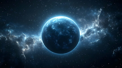 Fototapeta premium A glowing blue planet in a dark, starry universe, with a wispy nebula in the background.