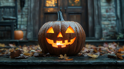 A pumpkin with a scary face is lit up and placed on a porch