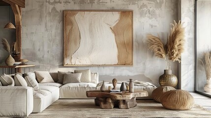 Desert dunes mural with wooden frame in boho-chic living room. Warm neutrals and natural textures
