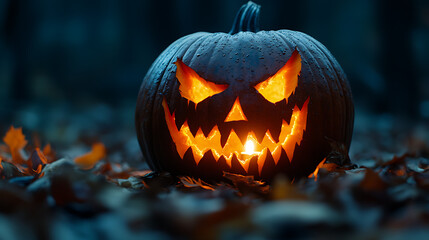 Fototapeta premium A pumpkin with a scary face is sitting on the ground