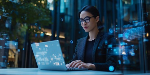 Fototapeta premium In todays fastpaced world, the modern businesswoman thrives in hightech environments, using advanced technology to analyze data, inspire creativity, and drive success and growth for her business