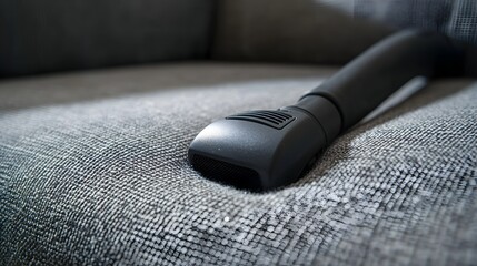 Close-up of Vacuum Head Removing Fine Dust Particles from Upholstery Fabric