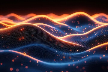 Abstract 3D Digital Waves with Glowing Orange and Blue Lights