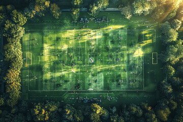 Fototapeta premium American football on a wellmaintained grass field, game day theme, top view, emphasizing the pristine play environment, digital tone, vivid color scheme