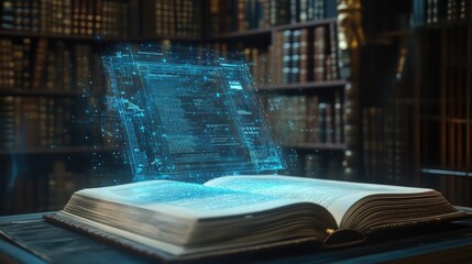 An open book with a holographic display projecting interactive digital content, set in a library, blending technology with education.