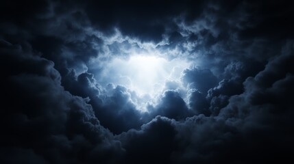 Obraz premium Epic battle Jesus Christ strong against evil forces rays divine light dark clouds parting triumph good over evil dark blue bright white palette