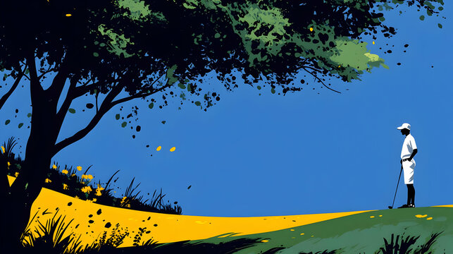 A golfer stands on a grassy hill under a large tree with a blue sky overhead.