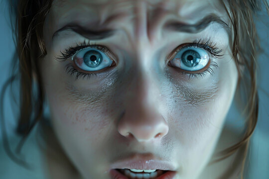 Closeup of a persons face showing anxiety, emotion theme, front view, highlighting detailed expressions, advanced tone, Complementary Color Scheme
