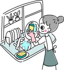 Girl washing dishes cartoon
