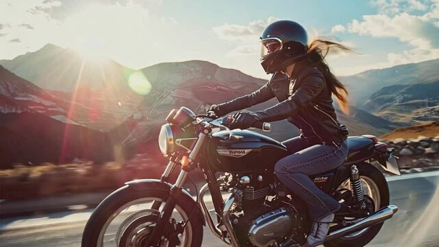 Sunset Ride:  A confident woman in a leather jacket and helmet rides a classic motorcycle down a winding mountain road at sunset, with a breathtaking mountain backdrop. The sun's rays illuminate the s