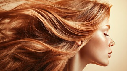 Flowing, lively hair with loose waves set against a soft beige background, capturing movement and vitality in a dynamic studio shot.