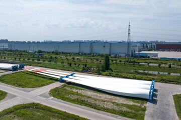 Obraz premium view of blades of wind power turbine in field