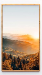 Golden sunrise over mountains with wooden frame in yoga studio. Warm hues and inspiring light, white background 