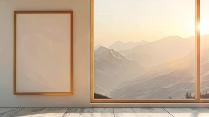 Golden sunrise over mountains with wooden frame in yoga studio. Warm hues and inspiring light, white background 