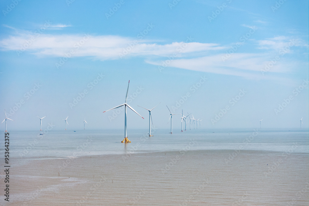 Wall mural wind power turbines over water