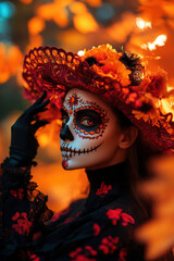 A captivating face adorned with intricate sugar skull makeup, framed by autumn colors and vibrant flowers, celebrating the Day of the Dead with elegance and beauty.