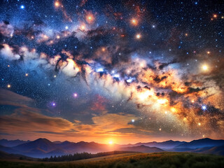 Fototapeta premium Landscape with forest and mountains against the backdrop of a large starry sky at night