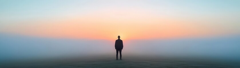 A solitary figure standing in a misty field at dusk, as the sun dips below the horizon, solitude, sunset, nature, mystery