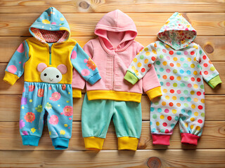Naklejka premium Three cute hooded suits for newborn babies in different colors with beautiful print on wooden background